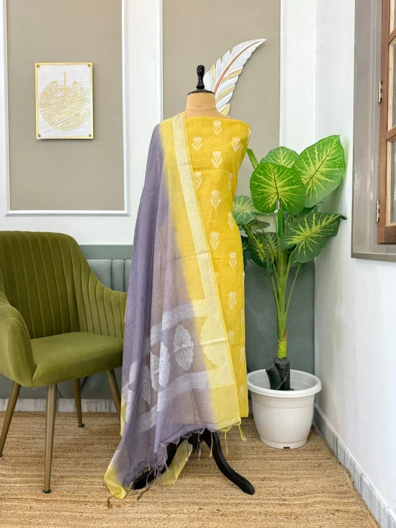 Floral Print Linen Kurta - Powder Blue